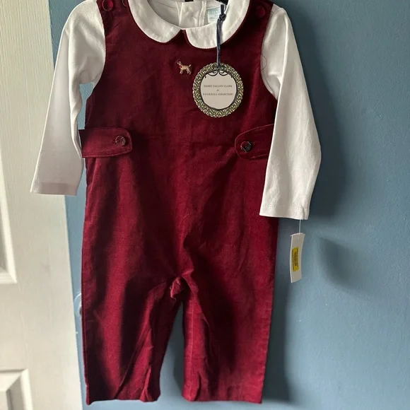 Edgehill Collection Burgundy Overalls with White Shirt